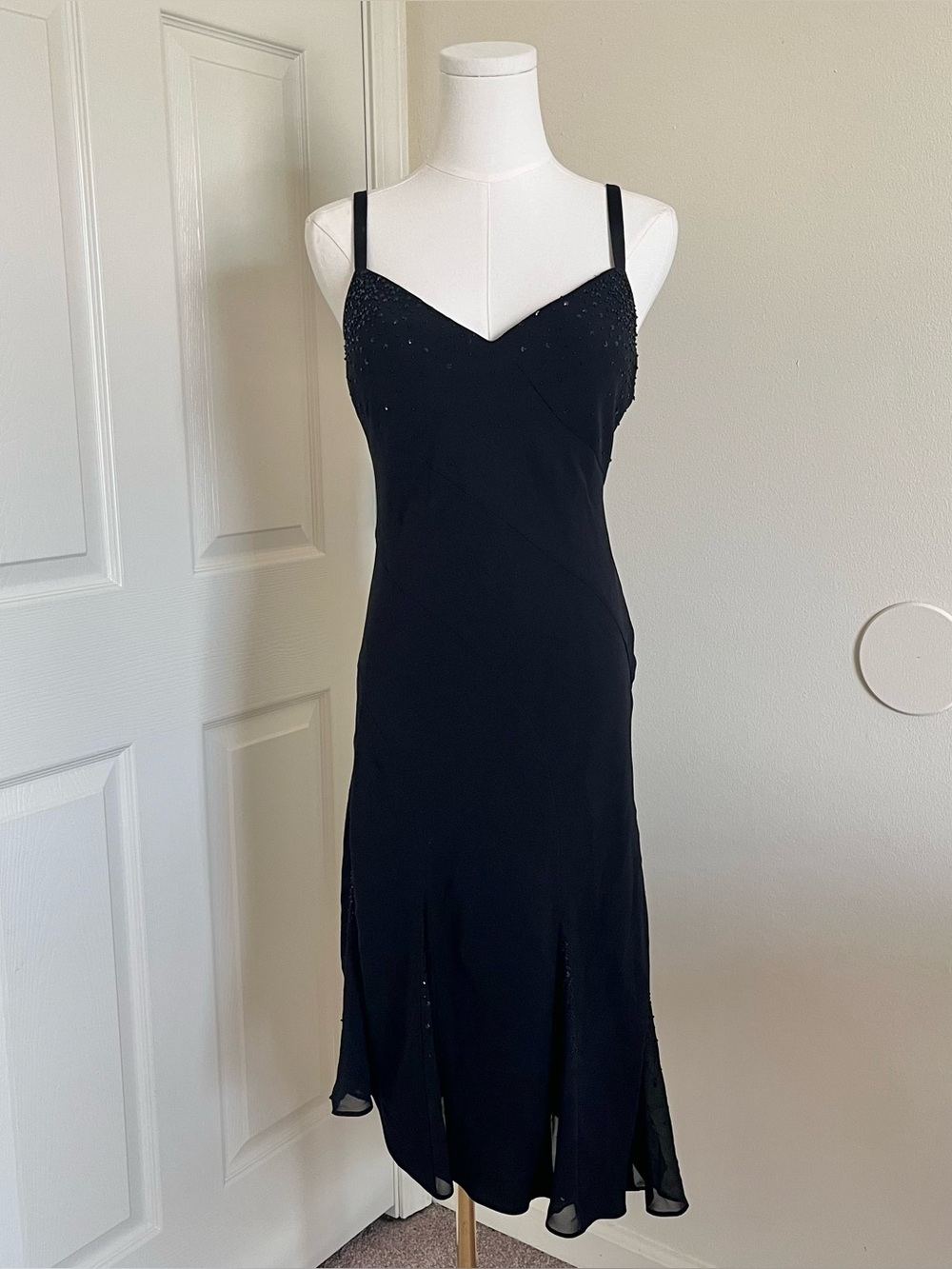 Vintage '90s Black Beaded Asymmetrical Midi Dress Womens Size 4 Whimsigoth